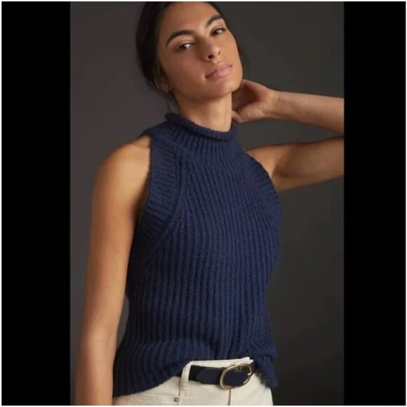 Anthropologie Siobhan Sweater Tank Knit Mock Neck Winter Blue sz XS - Picture 3 of 14
